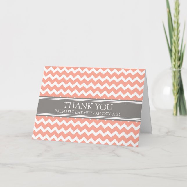 Coral Grey Chevron Bat Mitzvah Thank You Card (Front)