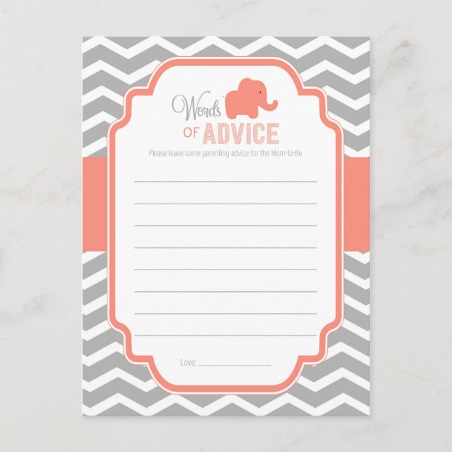 Coral Grey Chevron Elephant Baby Shower Advice (Front)