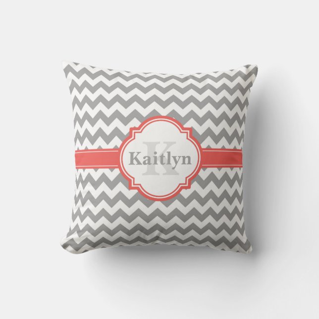 Coral Grey Chevron Pattern & Moroccan Quatrefoil Cushion (Front)