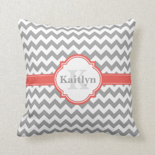 Coral Grey Chevron Pattern & Moroccan Quatrefoil Cushion