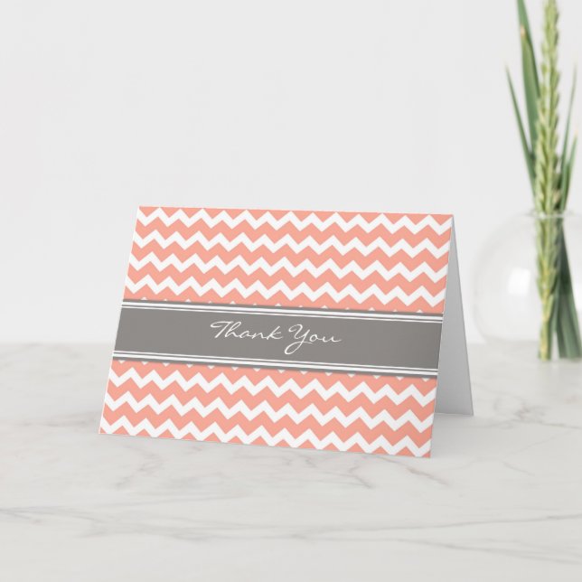 Coral Grey Chevron Wedding Thank You Card (Front)