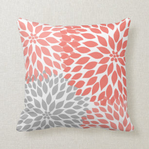 Coral Grey Dahlia floral pillow
