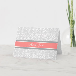 Coral Grey Damask Baby Shower Thank You Card
