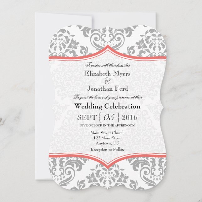 Coral Grey Damask Bracket Wedding Invite (Front)