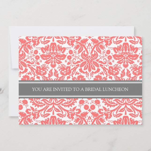 Coral Grey Damask Bridal Lunch Invitation (Front)