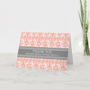 Coral Grey Damask Bridal Shower Thank You Card