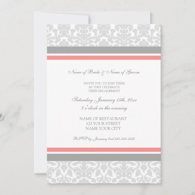 Coral Grey Damask Engagement Party Invitations (Front)