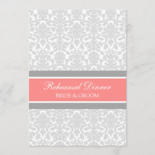 Coral Grey Damask Rehearsal Dinner Party Invitation