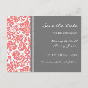 Coral Grey Damask Save the Date Wedding Postcard
