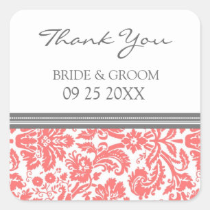 Coral Grey Damask Thank You Wedding Favour Tags