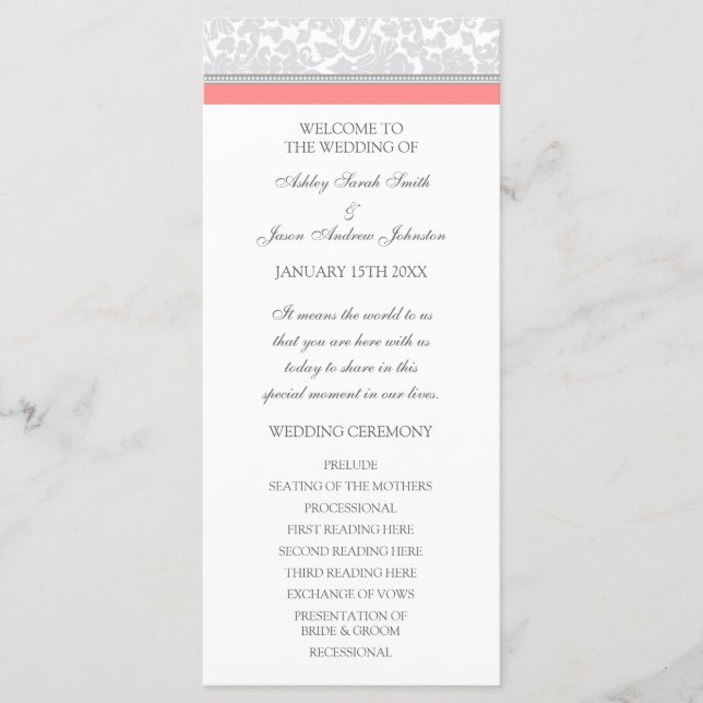 Coral Grey Damask Wedding Program Programme (Front)
