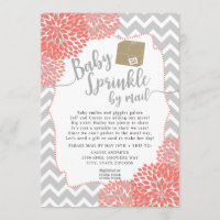 Coral Grey Floral Baby Sprinkle by mail Invitation