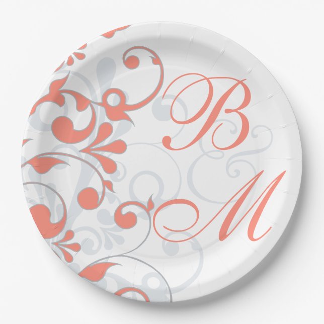 Coral Grey Floral Monogram Wedding Bridal Shower Paper Plate (Front)