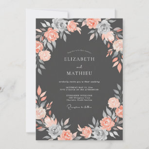 Coral Grey Floral Romance Wedding Invitation