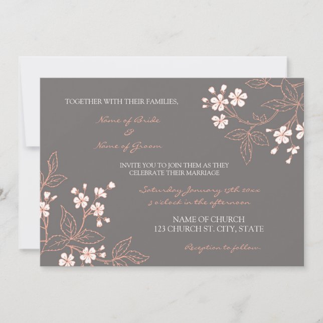 Coral Grey Floral Wedding Invitation Cards (Front)