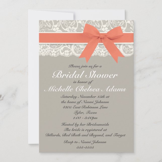 Coral Grey Lace Bridal Shower Invitation (Front)