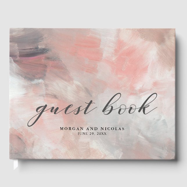 Coral Grey Modern Abstract Brushstrokes Wedding Guest Book (Front)
