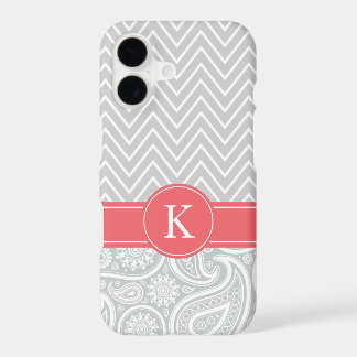 Coral Grey Monogram Chevron Paisley Pattern