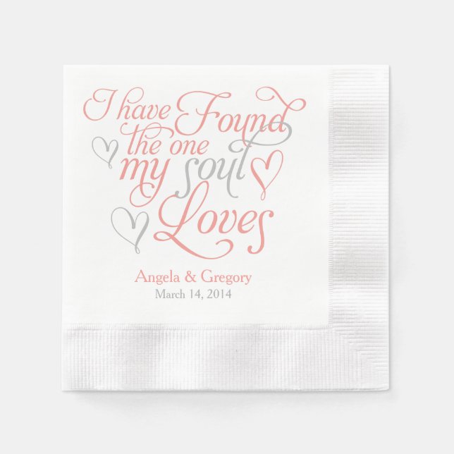 Coral Grey My Soul Loves Heart Wedding Napkin (Front)
