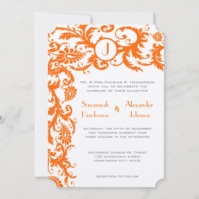 Coral & Grey Orange Damask Wedding Invitation (Front)