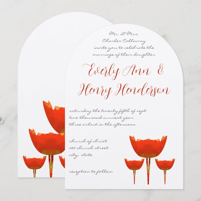 Coral & Grey Poppies Butterfly Wedding Invitation (Front/Back)