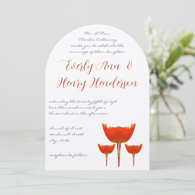 Coral & Grey Poppies Butterfly Wedding Invitation (Standing Front)