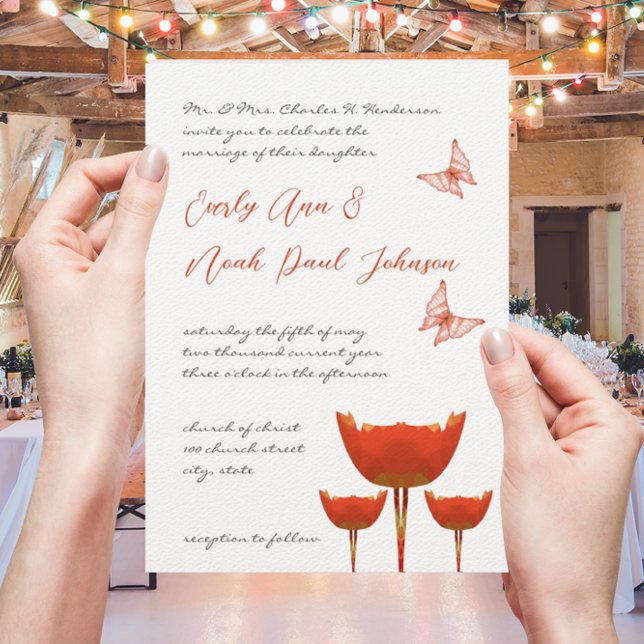 Coral & Grey Poppies Butterfly Wedding Invitation (Creator Uploaded)