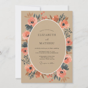 Coral Grey Poppy Wedding Invitation