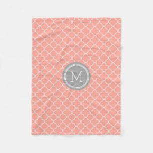 Coral Grey Quatrefoil Pattern Monogram Blanket