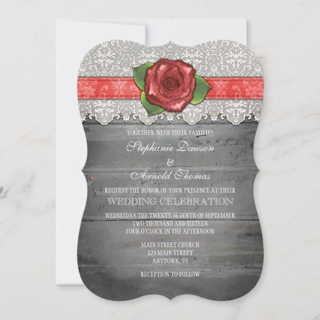 Coral Grey Rustic Wood Rose Wedding Invite (Front)