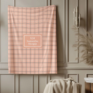 Coral Grey Tartan Throw Personalized Gift Idea Fleece Blanket