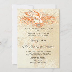 Coral & Grey Vintage Flourish Dove Wedding Invite