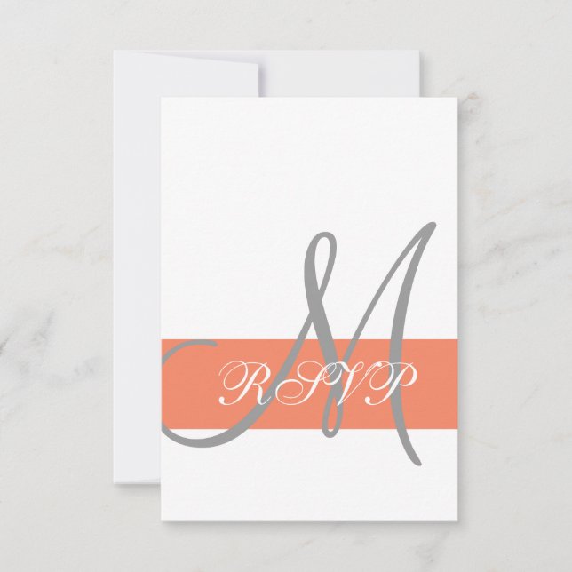 Coral Grey Wedding RSVP Card | Monogram Names (Front)