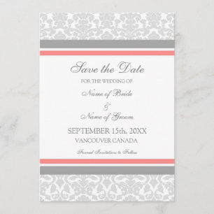 Coral Grey Wedding Save the Date Card