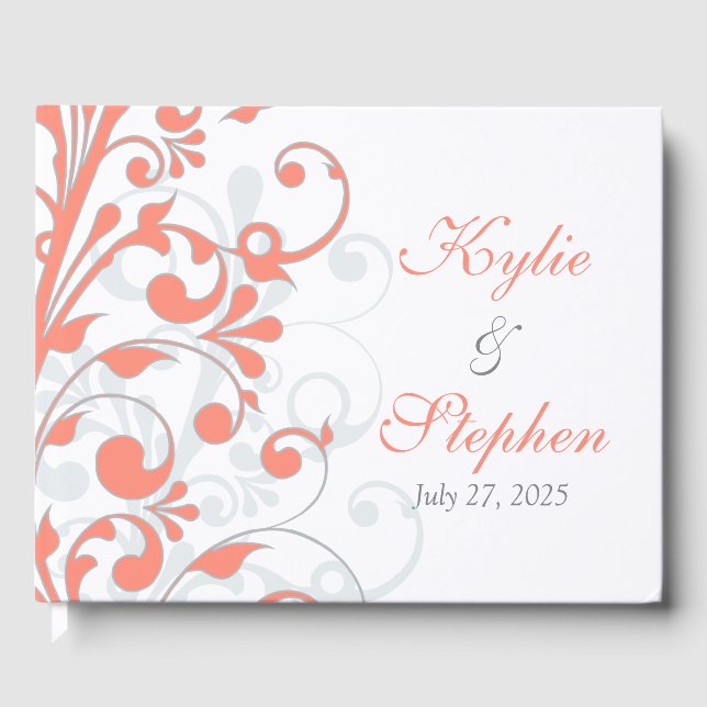 Coral, Grey White Floral Wedding Guest Book (Front)