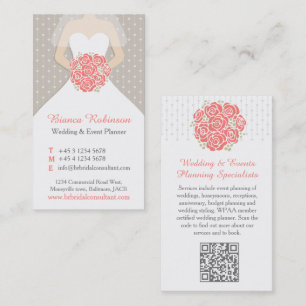 Coral, grey & white wedding planner QR Business Card