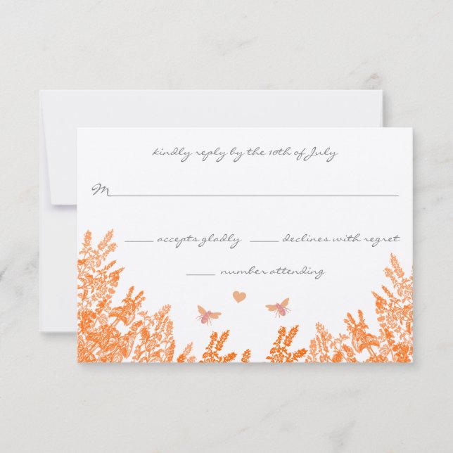 Coral & Grey Wild Flower Bee Wedding RSVP Card (Front)