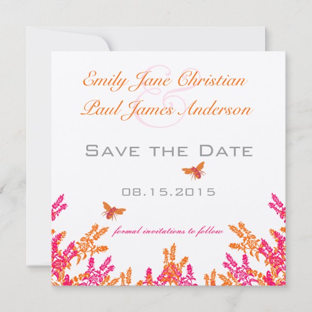Coral & Grey Wild Flower Bee Wedding Save the Date (Front)