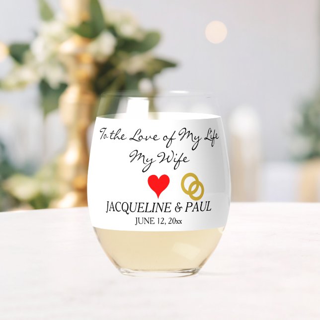 Coral Groom to Bride Red Heart Gold Stemless Wine Glass (Insitu (Wedding))