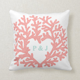 Coral Heart Aqua Beach Wedding Custom Date Cushion