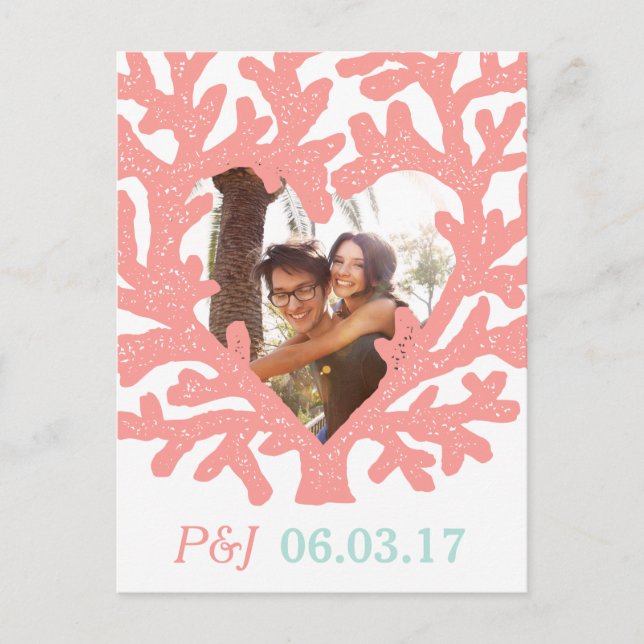 Coral Heart Aqua Beach Wedding Save the Dates Announcement Postcard (Front)