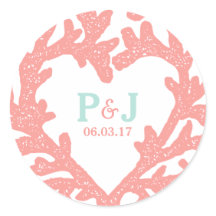 Coral Heart Aqua Beach Wedding Stickers