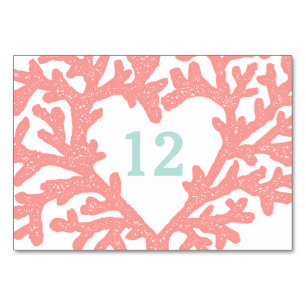 Coral Heart Aqua Beach Wedding Table Numbers