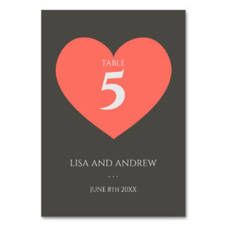 Coral Heart Wedding Table Number