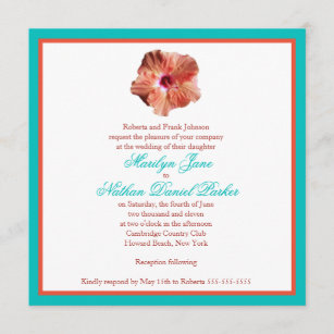 Coral Hibiscus and Aqua Wedding Invitation