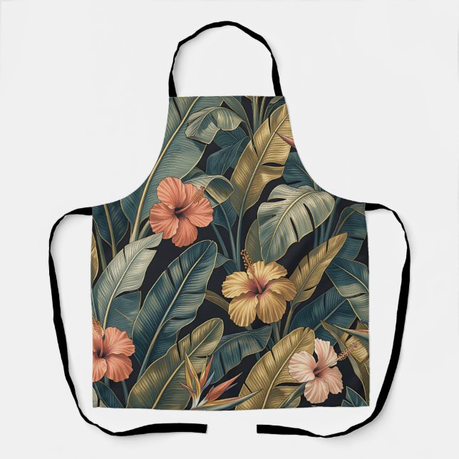 Coral Hibiscus Banana Leaf Tropical Pattern Dark  Apron (Front)