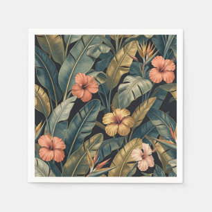 Coral Hibiscus Banana Leaf Tropical Pattern Dark Napkin