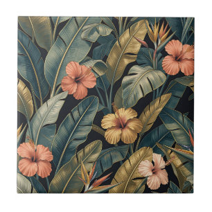 Coral Hibiscus Banana Leaf Tropical Pattern Dark Tile