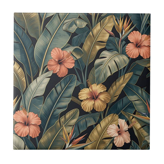 Coral Hibiscus Banana Leaf Tropical Pattern Dark  Tile (Front)