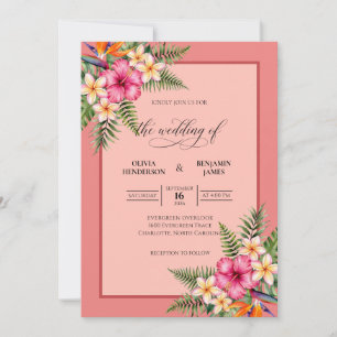 Coral Hibiscus Tropical Dusty Eucalyptus Wedding Invitation